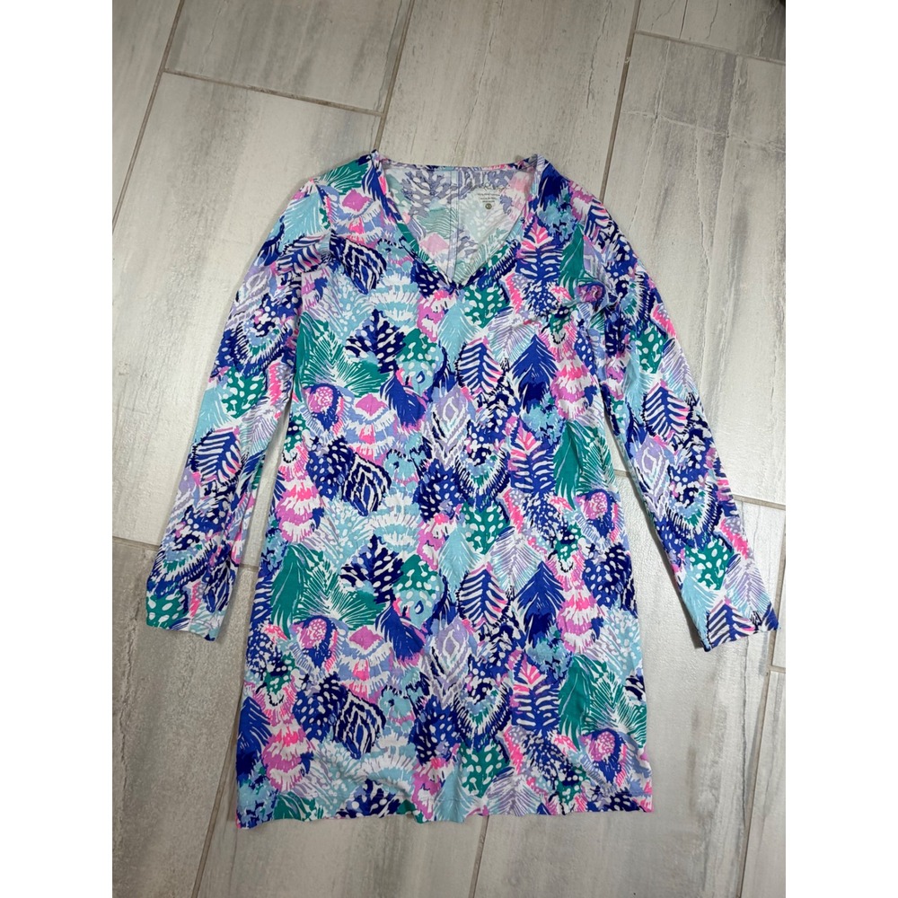 Lilly‎ Pulitzer Pima Cotton Long Sleeve V-Neck Tropical Leaf Print Dress XS